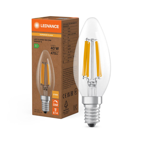 LEDVANCE LED Kerze E14 Classic Filament Dimmbar S B40 2.5W 470lm Warmweiss 2700K wie 40W 4099854478079