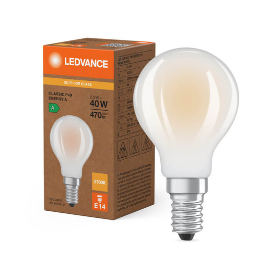 LEDVANCE LED Lampe E14 Classic Filament S matt P40 2.2W 470lm Warmweiss 2700K wie 40W höchste Effizienzklasse A 4099854478291