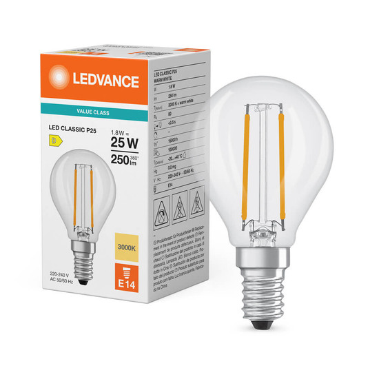 LEDVANCE LED Lampe E14 Classic Filament V P25 2.5W 250lm Warmweiss 3000K wie 25W 4099854482243