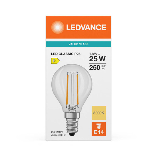 LEDVANCE LED Lampe E14 Classic Filament V P25 2.5W 250lm Warmweiss 3000K wie 25W 4099854482243