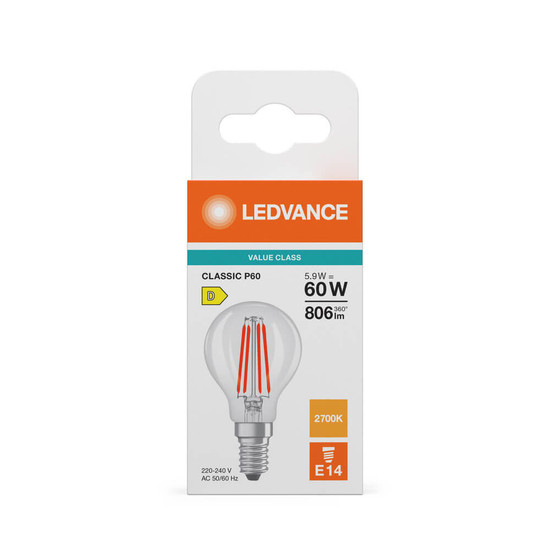 LEDVANCE LED Lampe E14 Classic Filament V P60 5.9W 806lm Warmweiss 2700K wie 60W 4099854482427