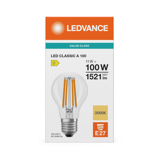 LEDVANCE LED Lampe E27 Classic Filament V A100 11W 1521lm Warmweiss 3000K wie 100W 4099854482564