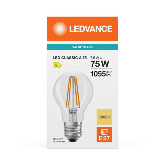 LEDVANCE LED Lampe E27 Classic Filament V A75 7.5W 1055lm Warmweiss 3000K wie 75W 4099854482663