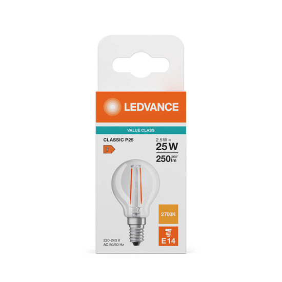 LEDVANCE LED Lampe E14 Classic Filament P25 2.5W 250lm Warmweiss 2700K wie 25W 4099854482748