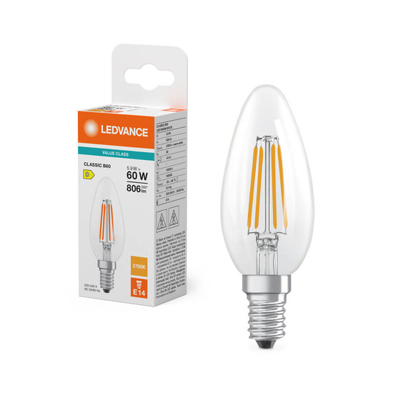 LEDVANCE LED Kerze E14 Classic Filament V B60 5.9W 806lm Warmweiss 2700K wie 60W 4099854484315