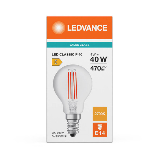 LEDVANCE LED Lampe E14 Classic Filament V P40 4W 470lm Warmweiss 2700K wie 40W 4099854497810