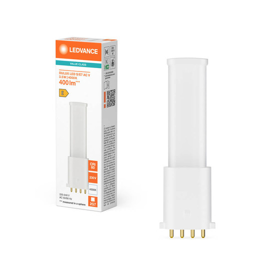 LEDVANCE LED Lampe 2G7 Dulux S/E7 AC Mains Value matt 3.5W 400lm Neutralweiss 4000K wie 7W nur für direkt 230V 4099854669835