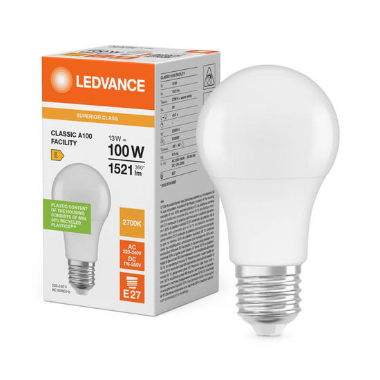 LEDVANCE LED Lampe E27 Classic Facility S matt AC/DC A100 13W 1521lm Warmweiss 2700K wie 100W 4099854770715