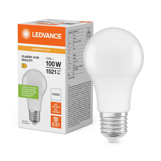 LEDVANCE LED Lampe E27 Classic Facility S matt AC/DC A100 13W 1521lm Neutralweiss 4000K wie 100W 4099854770739