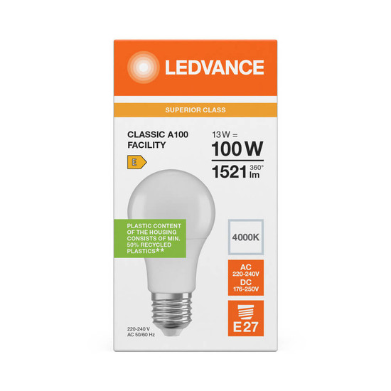 LEDVANCE LED Lampe E27 Classic Facility S matt AC/DC A100 13W 1521lm Neutralweiss 4000K wie 100W 4099854770739