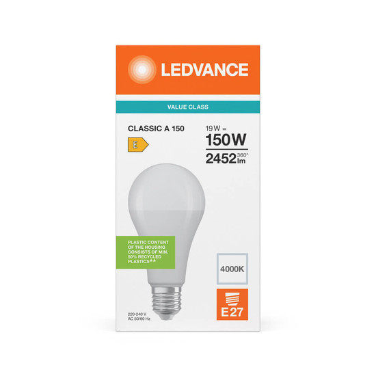 LEDVANCE LED Lampe E27 Star Classic matt A150 19W 2452lm Neutralweiss 4000K wie 150W 4099854772900