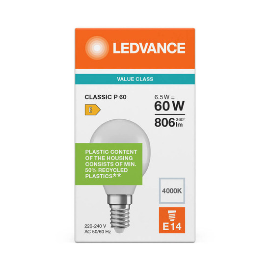 LEDVANCE LED Lampe E14 Classic V matt P60 6.5W 806lm Neutralweiss 4000K wie 60W 4099854773020