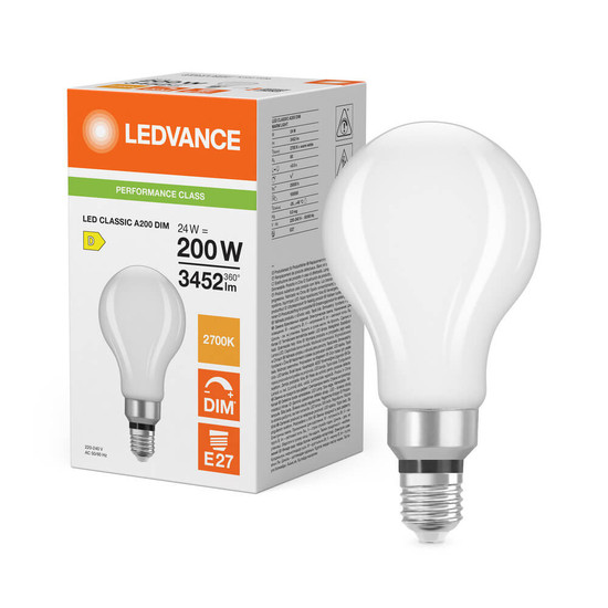 LEDVANCE LED Lampe E27 Classic A200 Filament Dimmbar P matt 24W 3452lm Warmweiss 2700K wie 200W 4099854776700