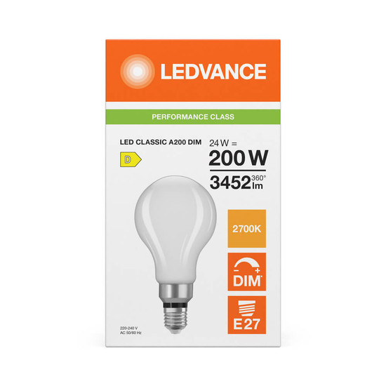 LEDVANCE LED Lampe E27 Classic A200 Filament Dimmbar P matt 24W 3452lm Warmweiss 2700K wie 200W 4099854776700