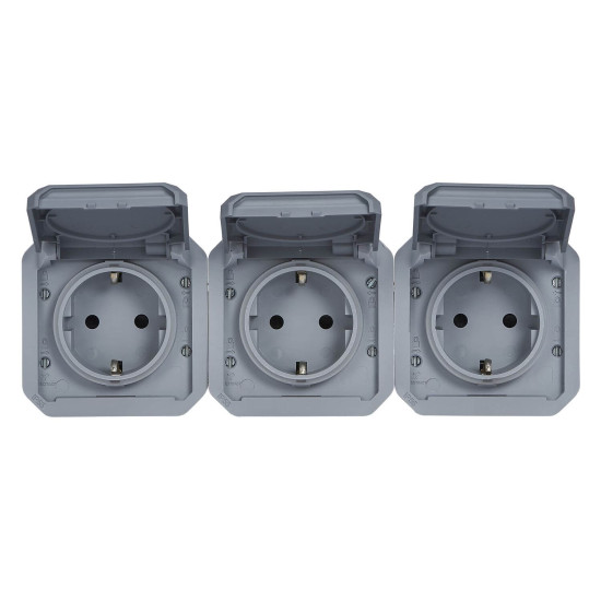 Legrand PLEXO New Einsatz, Feuchtraum Steckdose, 3-fach, Schutzkontakt-St., inkl. Klappdeckel, Berührungsschutz, vorverdrahtet, horizontal, IP55/IP44 grau, 069578L