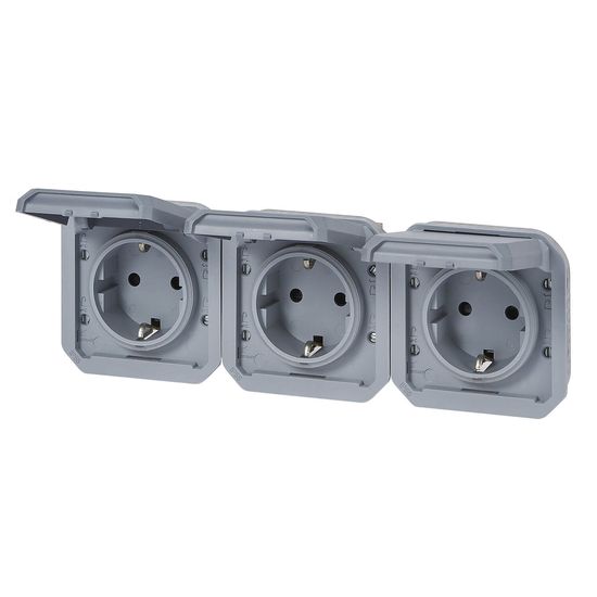 Legrand PLEXO New Einsatz, Feuchtraum Steckdose, 3-fach, Schutzkontakt-St., inkl. Klappdeckel, Berührungsschutz, vorverdrahtet, horizontal, IP55/IP44 grau, 069578L