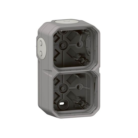 Legrand PLEXO New Feuchtraum Aufputzdose 2-fach, Aufputzgehäuse, 3 Membranen, 1 Kabelzugang, horizontal und vertikal grau, 069672L