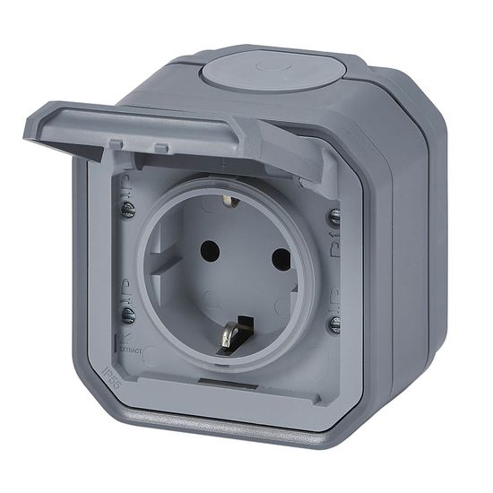 Legrand PLEXO New Feuchtraum Aufputz Steckdose inklusive Klappdeckel, Berührungsschutz, Steckklemmen, IP44 grau, 069730L