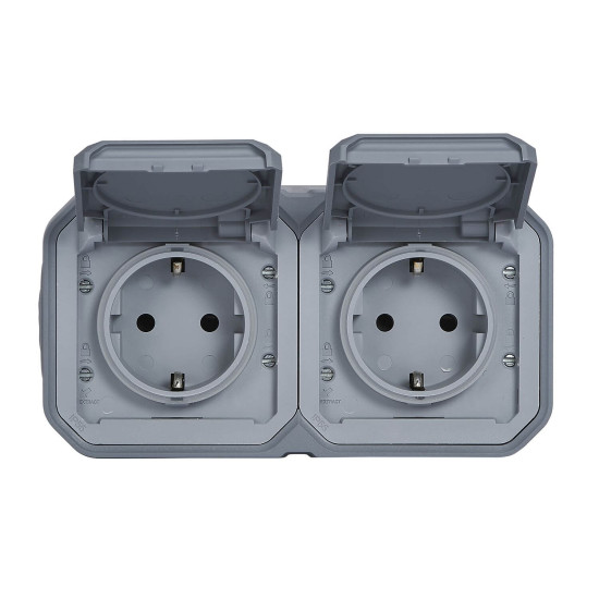 Legrand PLEXO New Feuchtraum Steckdose, 2-fach inklusive Klappdeckel, Berührungsschutz, vorverdrahtet, Steckklemmen, horizontal, IP44 grau, 069742L
