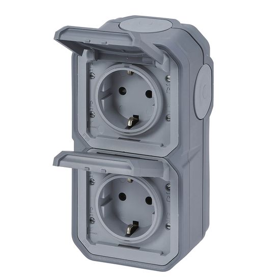 Legrand PLEXO New Feuchtraum Steckdose, 2-fach inklusive Klappdeckel, Berührungsschutz, Steckklemmen, vorverdrahtet, vertikal, IP44 grau, 069744L