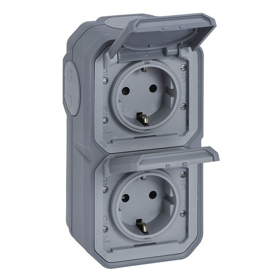 Legrand PLEXO New Feuchtraum Steckdose, 2-fach inklusive Klappdeckel, Berührungsschutz, Steckklemmen, vorverdrahtet, vertikal, IP44 grau, 069744L