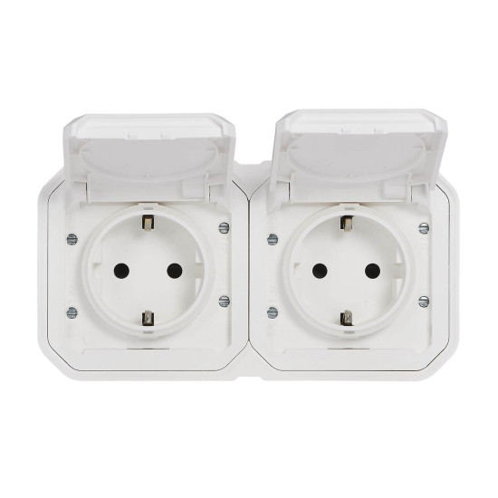 Legrand PLEXO New Feuchtraum-Steckdose, 2-fach, inklusive Klappdeckel, Berührungsschutz, vorverdrahtet, Steckklemmen, horizontal, IP44 IK07 Weiß, 069772L