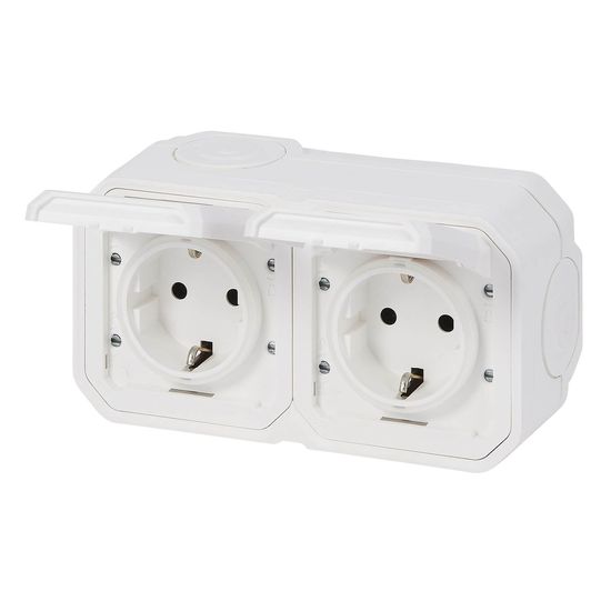 Legrand PLEXO New Feuchtraum-Steckdose, 2-fach, inklusive Klappdeckel, Berührungsschutz, vorverdrahtet, Steckklemmen, horizontal, IP44 IK07 Weiß, 069772L