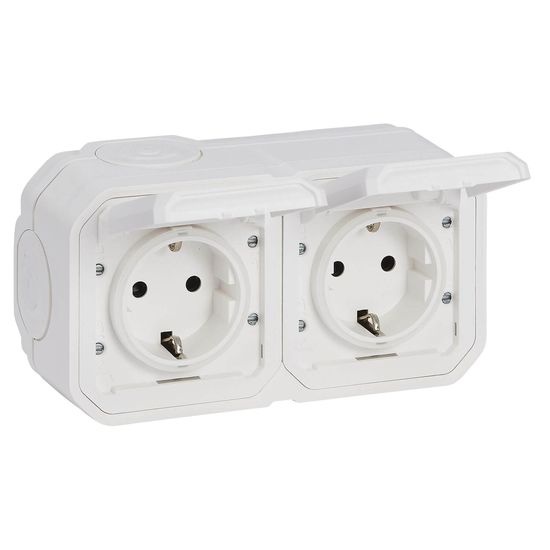 Legrand PLEXO New Feuchtraum-Steckdose, 2-fach, inklusive Klappdeckel, Berührungsschutz, vorverdrahtet, Steckklemmen, horizontal, IP44 IK07 Weiß, 069772L