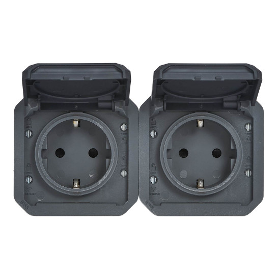 Legrand PLEXO New Einsatz, Feuchtraum Steckdose, 2-fach, Schutzkontakt-Stand., inkl. Klappdeckel, Berührungsschutz, vorverdrahtet, horizontal, IP55/IP44 anthrazit 069879L
