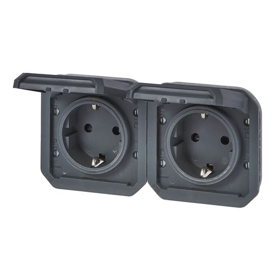 Legrand PLEXO New Einsatz, Feuchtraum Steckdose, 2-fach, Schutzkontakt-Stand., inkl. Klappdeckel, Berührungsschutz, vorverdrahtet, horizontal, IP55/IP44 anthrazit 069879L