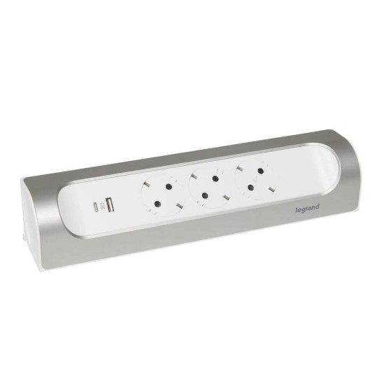 Legrand Ecksteckdosenleiste 3x Steckdose, USB-A, USB-C, ohne Kabel Ultraweiß/Aluminium 694504
