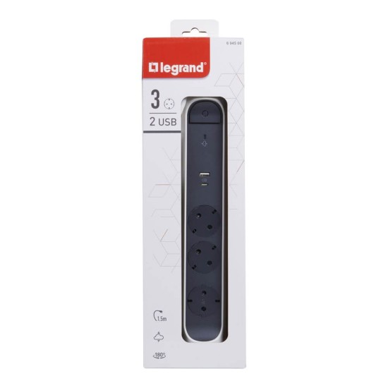 Legrand Steckdosenleiste drehbar 3x Steckdose, USB-A, USB-C, SPD, 1,5m Kabel weiss-schwarz 694508