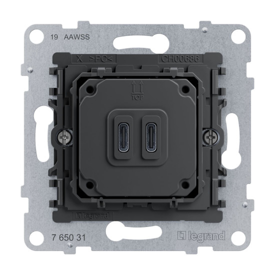 Legrand SEANO Typ C+C USB Ladesteckdosen-Einsatz, zweifach mit Power Delivery System, ermöglicht die Stromversorgung von Multimedia-Endgeräten, 30W, 765031