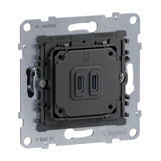 Legrand SEANO Typ C+C USB Ladesteckdosen-Einsatz, zweifach mit Power Delivery System, ermöglicht die Stromversorgung von Multimedia-Endgeräten, 30W, 765031