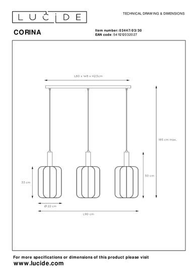 Lucide CORINA Pendelleuchte 3x E27 Schwarz, Mattes Gold, Messing 03447/03/30