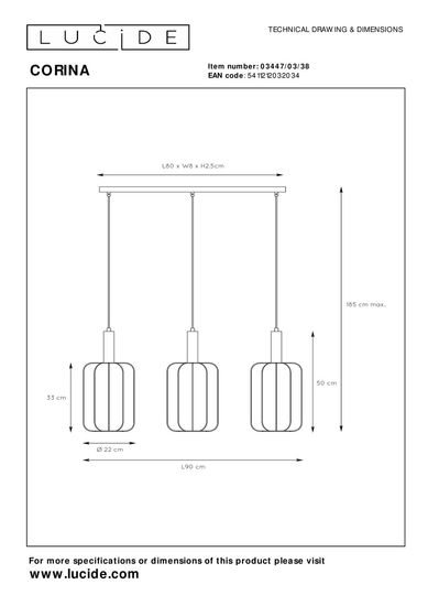 Lucide CORINA Pendelleuchte 3x E27 Beige 03447/03/38
