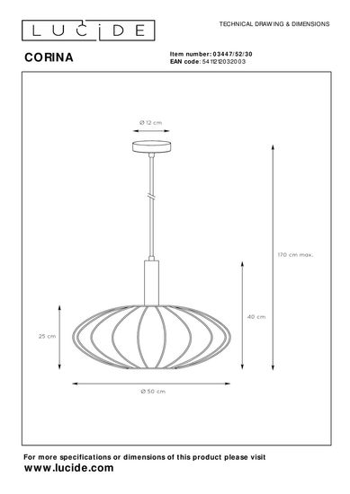 Lucide CORINA Pendelleuchte E27 Schwarz, Mattes Gold, Messing 03447/52/30