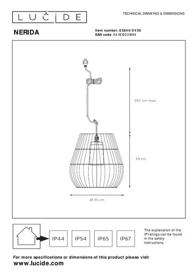Lucide NERIDA Pendelleuchte E27 Schwarz IP44 03844/01/30