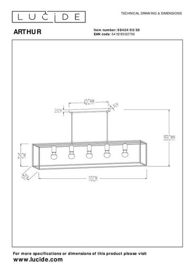 Lucide ARTHUR Pendelleuchte 5x E27 Schwarz, Kupfer 08424/05/30