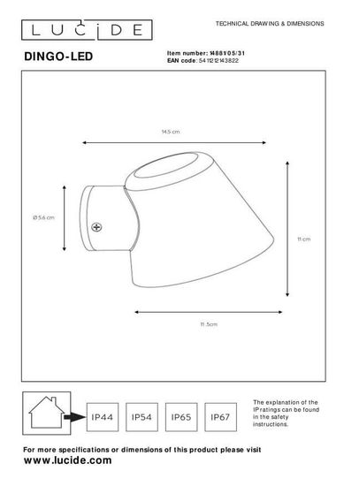 Lucide DINGO-LED LED Außen-Wandleuchte GU10 5W dimmbar Weiß IP44 14881/05/31