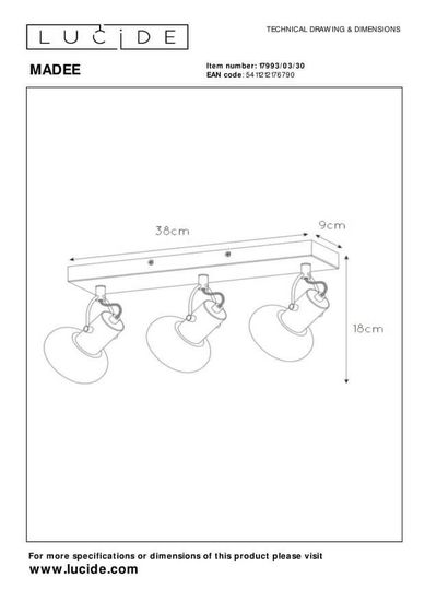 Lucide MADEE Deckenleuchte 3x E14 360° drehbar Schwarz, Rauchfarbe Grau 17993/03/30
