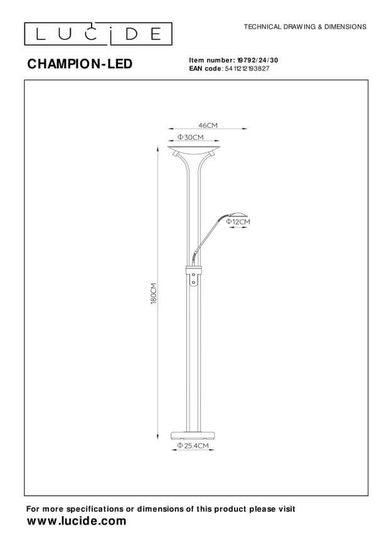 Lucide CHAMPION-LED LED Stehleuchte 20W dimmbar mit flexiblem Lesearm Schwarz 19792/24/30