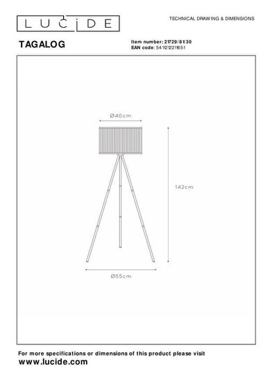 Lucide TAGALOG Stehleuchte E27 Schwarz, Helles Holz 21729/81/30