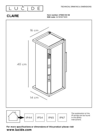 Lucide CLAIRE Außen-Wandleuchte 2x E27 Anthrazit IP54 27883/02/30