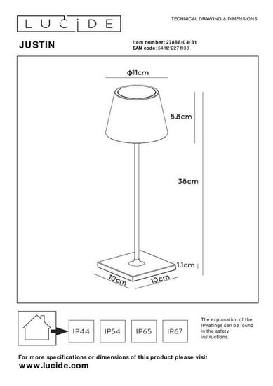 Lucide JUSTIN LED Tischlampe Außen Outdoor 3-Stufen-Dimmer 2,2W dimmbar Weiß IP54 27888/04/31