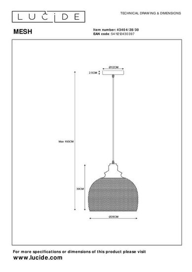 Lucide MESH Pendelleuchte E27 Schwarz 43404/28/30