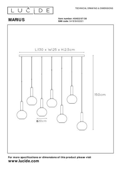 Lucide MARIUS Pendelleuchte 7x E27 Schwarz, Rauchfarbe Grau 45402/07/30