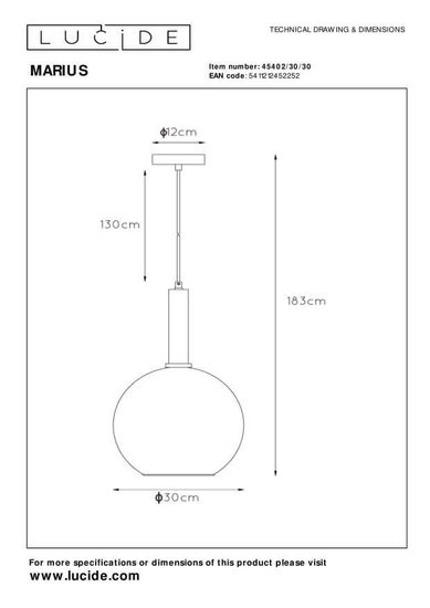 Lucide MARIUS Pendelleuchte E27 Schwarz, Rauchfarbe Grau 45402/30/30
