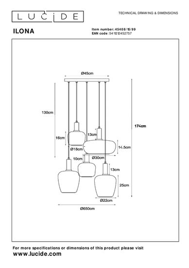 Lucide ILONA Pendelleuchte 5x E27 Schwarz, Multifärben 45408/15/99