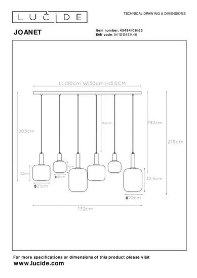 Lucide JOANET Pendelleuchte 6x E27 Rauchfarbe Grau, Mattes Gold, Messing 45494/06/65